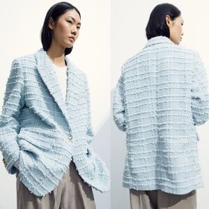 H&M Womens Baby Blue Woven Fabric V Neck Long Sleeve Single Breasted Blazer